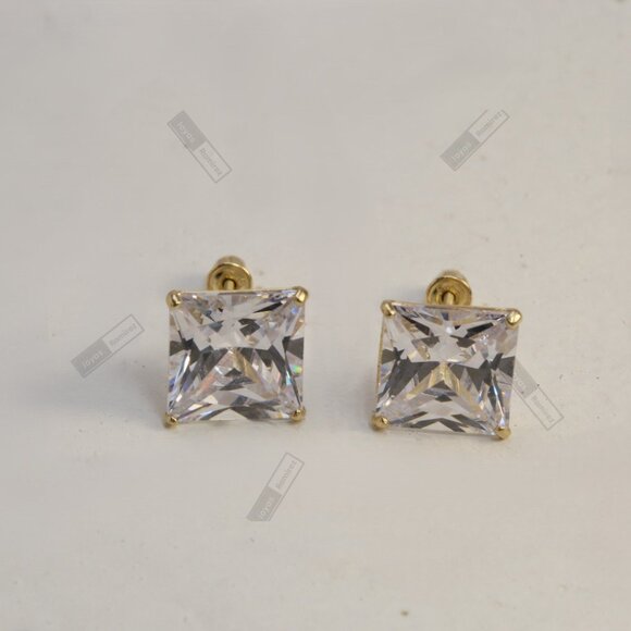 14K Solid Gold Earrings · Clear Square-Cut Cubic Zirconia · 8 mm. - Picture 2 of 6